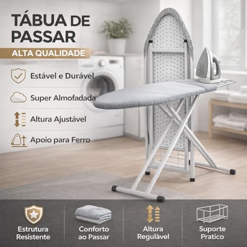 Mesa de Passar Roupa Suprema Dobrável com Porta-Ferro, Altura Ajustável e Estrutura Reforçada, Tábua de Passar Roupa Extra Grande Preto/Chumbo Metalizado Suprema Extra