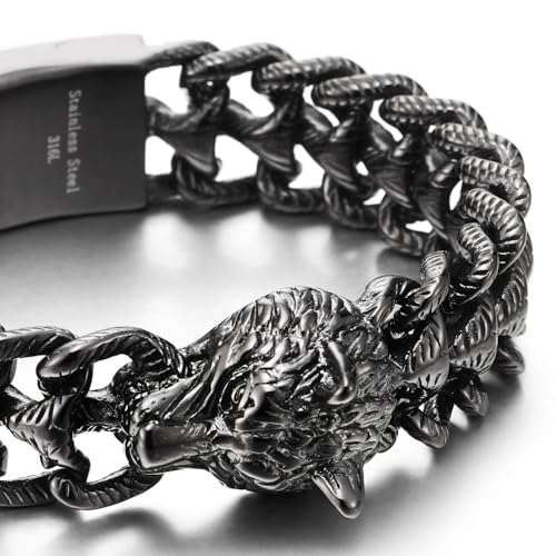 Men's Stainless Steel Wolf Head Bracelet, Texture Scale Chain Link Chain Barbada, Vintage Nordic Viking