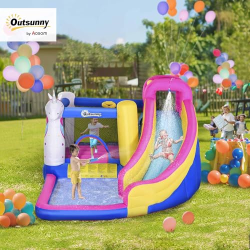 Outsunny Unicorn Bouncy Castle for Kids, Bounce House, Inflatable Water Slide Game, Ball Pit Pool, Climbing Wall, Basketball Hoop, Inflatable Game Toy, for 3-8, 12' x 10.5' x 7'