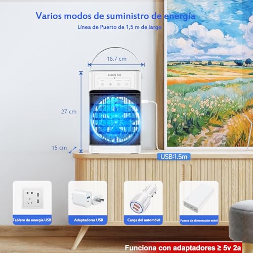 Mini Portable Air Conditioner, 1100 ml Air Cooler, 3 Speeds, 3 Mists, 2-8H Timed, 7 LED Portable Air Conditioner for Bedrooms, Offices (10W)