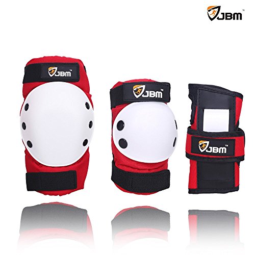JBM Street Knee Pads Elbow Pads with Wrist Guards for Street Bicycle Ride Bike Cycling, Biking, Bmx, Inline Roller, Scooters, Skateboarding, (Red and White, Adult)
