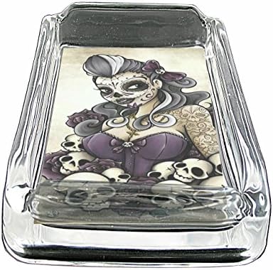 Lady Snow Sugar Skull Have Fun Gifts Glass Square Ashtray for outdoor With Four Places To Drop Your Cigarette-Thick And Transparent Glass Tray Sugar Skull Gift for men and women