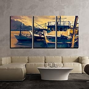 3 Piece Canvas Wall Art - Fishing Boats in Harbor,Old Painting Style - Modern Home Art Stretched and Framed Ready to Hang - 16"x24"x3 Panels