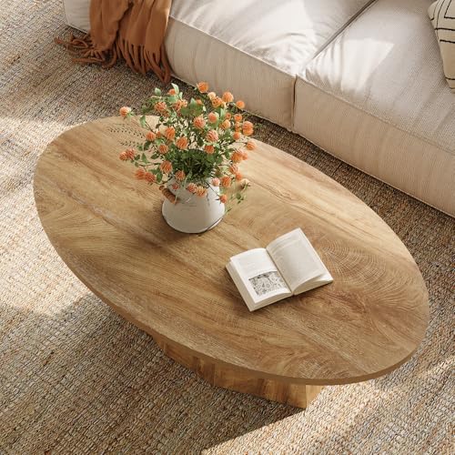 Oval Coffee Table, 47-Inch Living Room Table with Polygonal Pedestal, Modern Center Accent Furniture, Child-Friendly, Easy Assembly, Yellowish Brown