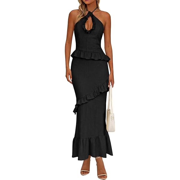 Amazon.com: Wenrine Womens Sexy Chiffon Halter Maxi Dress Sleeveless  Backless Ruffle Tassel Party Club Dresses Army Green : Clothing, Shoes &  Jewelry