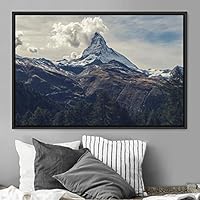 Framed Canvas Wall Art Snow Mountain Cool Expressive Farmhouse/Country Landscape Mountain Top Multicolor Photography Portrait Realism - 16x24 inches
