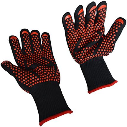 BBQ Grilling Cooking Gloves, Fredhome 932°F Heat Resistant Grill Oven Mitts Safety Gloves - 1 Pair 14 Inch for Extra Forearm Protection with Free Pot Holder (Black/Red)