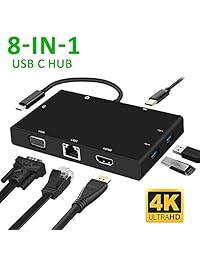 USB C Hub, PD carga rápida (max 3 A) USB C a Tipo C HDMI VGA Lector de tarjeta 2 USB 3.0 puertos, Gigabit, Ethernet, 11.5 foot adaptador de Audio convertidor ideal para MacBook, Chromebook