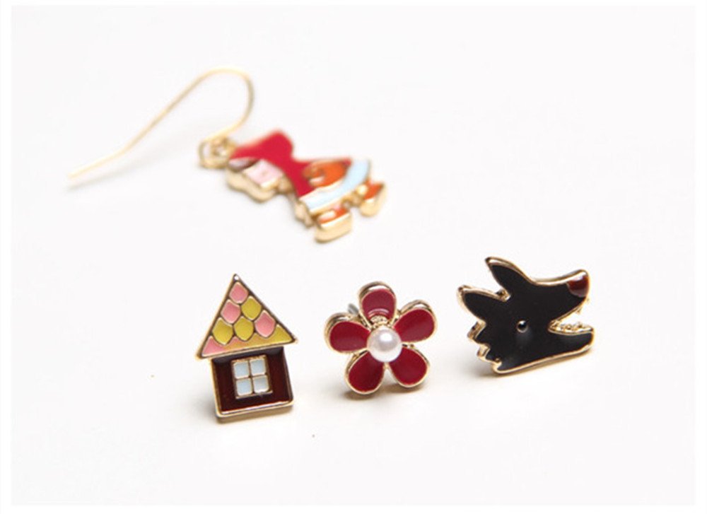 Nuwastone women\'s Flower & House & Little Red Riding Hood & Wolf Earring Set (Little Red Riding Hood)
