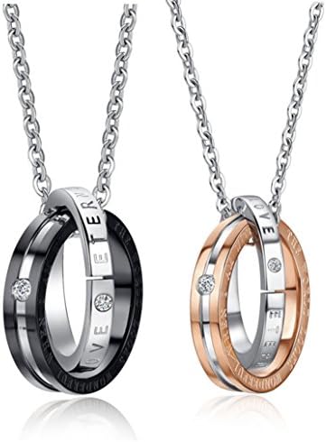 Interlocked Ring Pendant Necklace Set Engraved Crystal Inlaid Titanium Steel Valentine’s Day Gift Jewelry