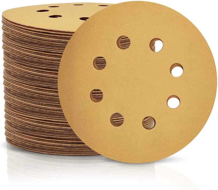 SPEEDWOX 100 Pcs 5 Inches 8 Hole Sanding Discs 500 Grit Dustless Hook and Loop Sandpaper for Random Orbital Sander Yellow Finishing Discs for Automotive Woodworking