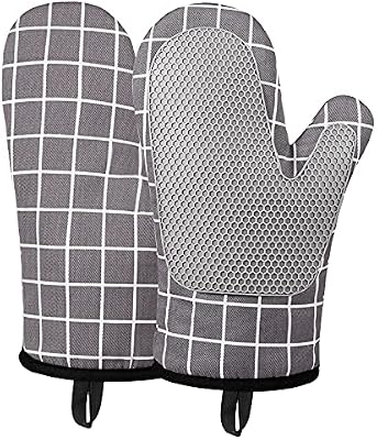 Gants de Four, Gants de Cuisine Silicone Coton Résistant à Chaleur et Antidérapant, Gloves pour la Cuisson des Aliments Faisant Cuire Barbecue - 1 Paire (Grey)