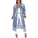 Leyoutx Womens Distressed Ripped Denim Trench Coat Casual Slim Button Down Washed Long Jean Jacket