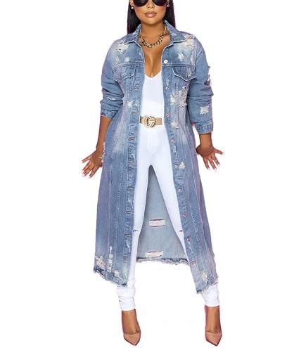 chouyatou Women's Spring Fashion Ripped Holes Maxi Long Denim