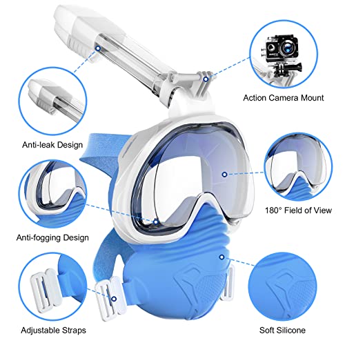 bedee Masque de Plongée, Masque Snorkeling Plein Visage Pliable Respiration Libre, Anti-Buée et Anti-Fuite, 180° Visible avec la Support pour Caméra de Sport, Adapté pour Adultes et Jeunesse(L/XL)