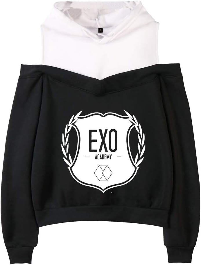Haililais EXO Pullover Trendy Women's Blank Cartoon Pictures Printing Off-The-Shoulder Sweater Hoodie Pullover Unisex