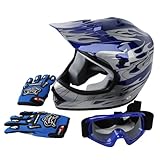 TCMT DOT Youth Blue Flame Dirt Bike ATV MX Motocross Helmet Goggles+gloves M
