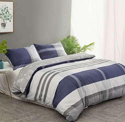 Mohap Duvet Cover Set Double 3 Pieces Zippered Brushed Microfiber Bedding Printed Pattern with Pillowcases Grey and Blue Striped