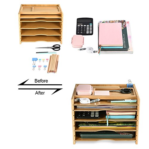 Bamboo File Organizer Desk Paper Sorter with 5 Adjustable Shelves Dividers Workspace Organizer with Top Storage Parts