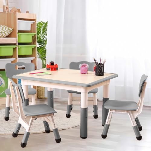 Garvee Kids Table and 4 Chairs Set, 5-Piece Height Adjustable Toddler Table with Graffiti Wipe-Clean Desktop, Non-Slip Legs & Storage Organizer, Preschool Activity Desk for Ages 2-6