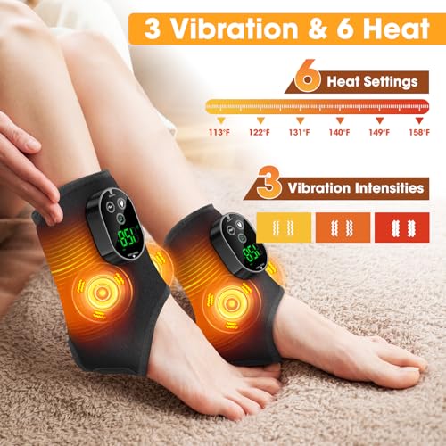 2Pcs Heated Foot Massager, Rechargeable Heated Ankle Brace with Vibration | Ankle Heating Pad with 6 Heat 3 Vibration Modes Timer