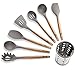 Miusco Silicone Cooking Utensils Set, 7 Piece Natural Acacia Wooden Kitchen Tool Kit with Utensil Holder