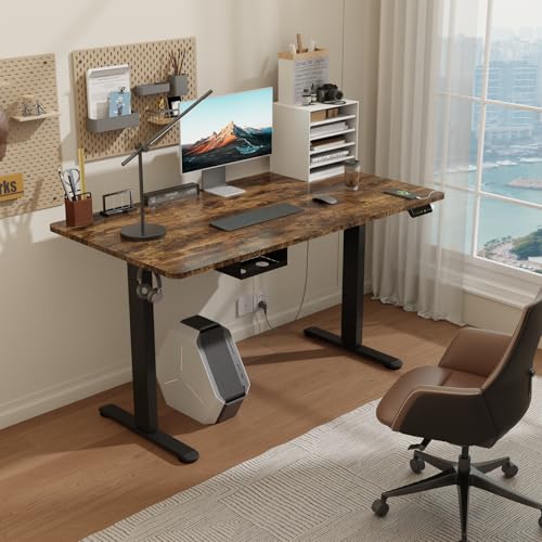 Airfish Höhenverstellbarer Schreibtisch 140x70 cm, Elektrisch Schreibtisch mit Kabelwanne, Computertisch mit USB-Buchse, Bürotisch, Stehpult mit Erinnerung an sitzende Tätigkeiten, Vintage-Braun thumbnail 2