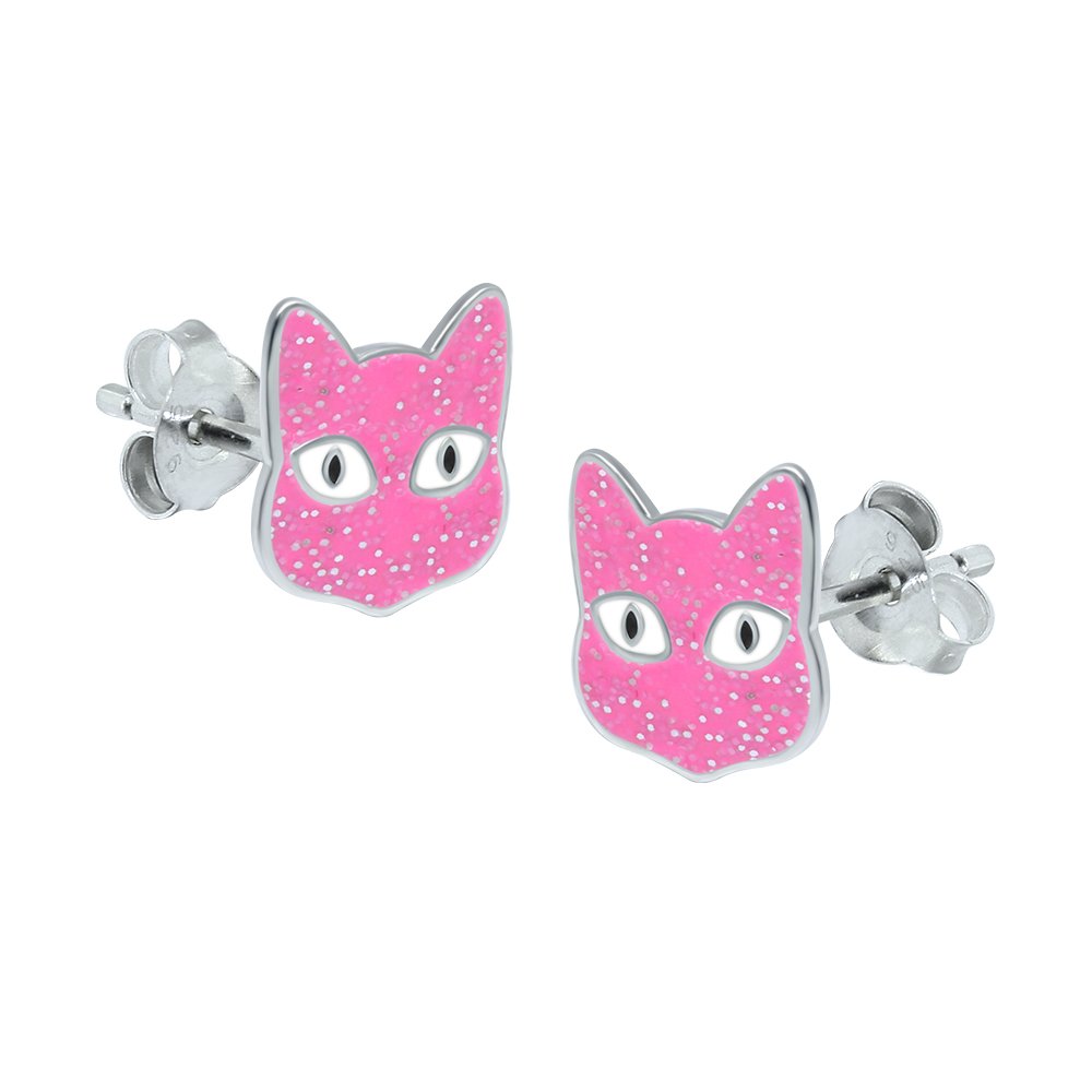 Pink Cat Earrings - 925 Sterling Silver with Sparkly Glitter
