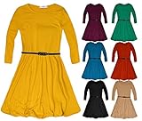 Girls Plain Long Sleeved Skater Dress New Childrens Flared Dress