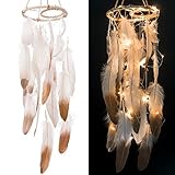 Ling's moment Feather Dream Catcher Mobile LED Fairy Lights Battery Powered Hanging Ornaments Gold Dipped Glitter Feathers Bohemian Wedding Decorations, Boho Chic, Nursery Decor