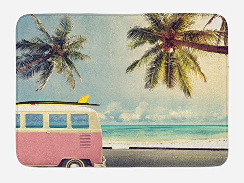 Ambesonne Surf Bath Mat, Minivan on The Beach Retro Inspired Vacation Clouds in Summer Sky Honeymoon Destination, Plush Bathroom Decor Mat with Non Slip Backing, 29.5 W X 17.5 L Inches, Multi