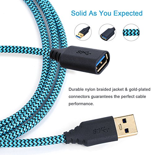 USB Extender, Besgoods 2-Pack Braided USB 3.0 6 ft USB Extension Cable A Male to A Female Extension Cord with Gold-Plated Connector, White Blue
