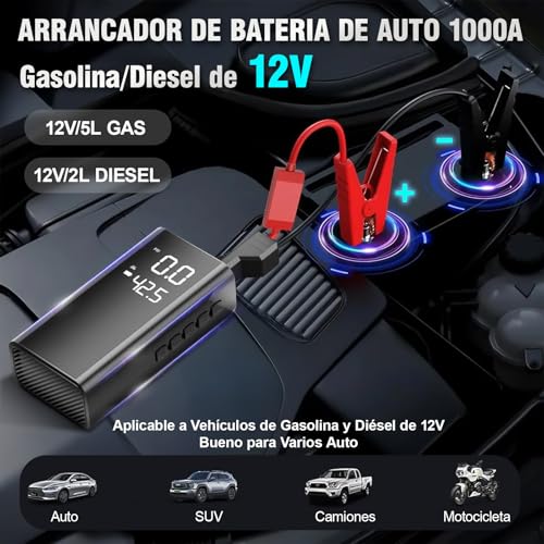 AUTODIAG Arrancador de Batería de Auto 2500A Portátil con Compresor de Aire 150PSI,11000mAh Batería,Jump Starter 12V para Autos Gas 5L/Diésel 2L, Linterna de Emergencia, Clip de Seguridad Inteligente