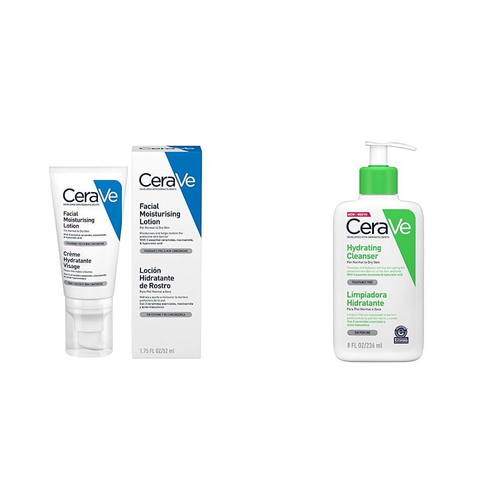 CeraVe PM Facial Moisturising Lotion, 52 ml / 1.75 oz, Daily Facial Moisturiser with Niacinamide for Normal to Dry Skin & Hydrating Cleanser | 236ml/8oz | Daily Face & Body Wash for Normal to Dry Skin