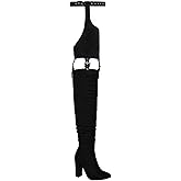 HiColor Women's Belted Pointed Toe high Boots Striking Buckle Strap Fashion thick Heel Thigh high Boot