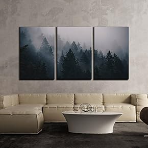 3 Piece Canvas Wall Art - Landscape with Trees Forest in Mist - Modern Home Art Stretched and Framed Ready to Hang - 16"x24"x3 Panels