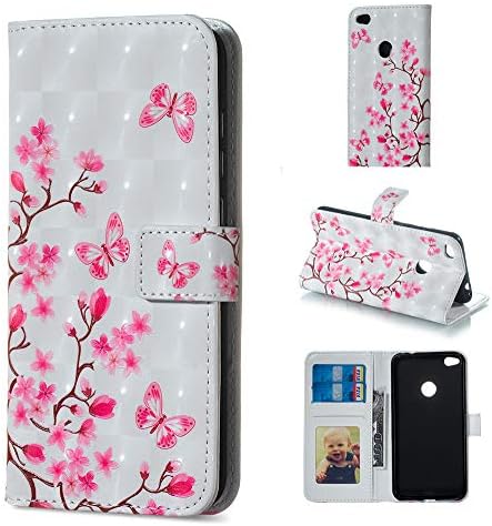 BestCatgift P8 Lite PU Leather Folio Flip Cover [3D Relief Pattern ][Kickstand] For Huawei P8 Lite 2017/P9 Lite 2017/Honor 8 Lite/Nova Lite/GR3 Magnetic Wallet Case - Butterfly/Plum Blossom