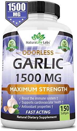 Odorless Pure Garlic 1,500 mg per Soft Gel Maximum Strength 150 Soft gels Promotes Healthy Cholesterol Levels Immune System Support