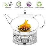 Teapot Set Flowering Tea Glass Teapot Gift Set Harmony 42 Oz / 1242 Ml with Stainless Steel Tea Warmer Alex Tea Maker for Loose Tea, Herbal, Oolong Tea, Green Tea, Black Tea Gourmet Gift, Friendship Series, Large Kettle