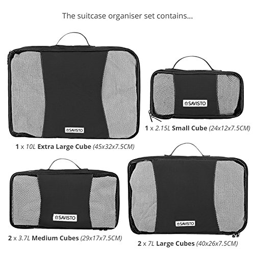 Savisto Packing Cubes 6 Piece Set, Durable & Lightweight Travel Essentials For Suitcases - Includes 1 XL, 2 L, 2 M, 1 S - Available in 8 Stylish Colours - Black