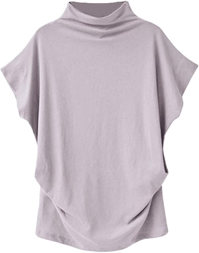 Women's Mock Neck Short Sleeve Top Turtleneck Cotton Blend Blouse Plain