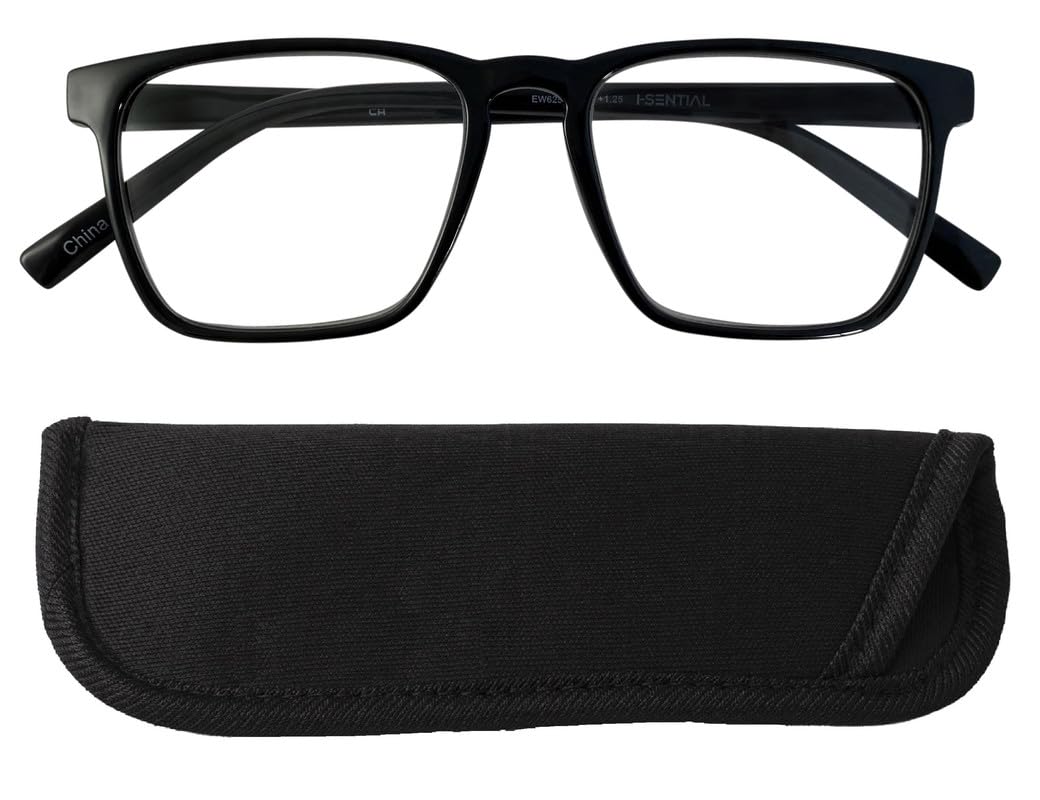 I-Sential Reading Glasses Large Lens with Case Spring Hinges Designer Style for Men Women Ladies Readers Black 1.25 — image 1