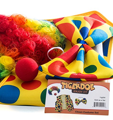 Clown Costume - Clown Nose Clown Wig Bow Tie and Vest - 4 Pc Clown Dress Up Accessories by Tigerdoe
