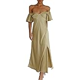 2025 Summer Women's Satin Off Shoulder Formal Dress Wedding Guest Elegant Butterfly Sleeve Split Cocktail Prom Midi Dresses