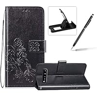 Black Leather Case for Samsung Galaxy S10 5G,Strap Wallet Flip Cover for Samsung Galaxy S10 5G,Herzzer Classic Pretty Four Leaf Clover Print Magnetic Card Slots Stand Folio Case with Soft TPU
