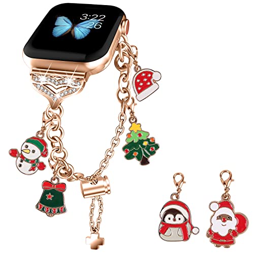 JOYOZY Christmas Bling Band Compatible with Apple Watch 38mm 40mm 41mm 42mm 44mm 45mm, Cute Fancy Strap for iWatch All Series, Interchangeable Charms Dressy Bracelet for Women (Rose Gold 38/40/41MM)