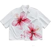 GORGLITTER Men's Floral Cropped Shirt Oversized Boxy Y2k Short Sleeve Button Up Summer Collared Crop Top Streetwear