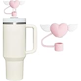 Cute Love Wings Silicone Straw Topper for Stanley 30&40 Oz, Straw Cover Cap,Splash Proof Straw Topper,Reusable Straw Cap Cover,10mm Drinking Straw Tip Covers for Stanle (Pink Heart White Wings)