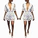 Wicky LS Women's Sexy Short Sleeve Long Dress Low V-Neck Lace Romper (S, White-Short Style)