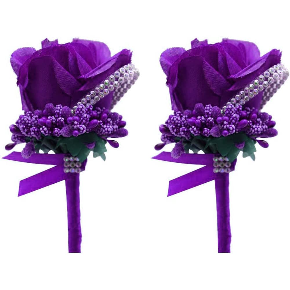 shiwaki 2pcs Artificial flower Men Boutonniere Handmade Silk rose Men Corsage for prom Wedding Party Wedding supplies decoration (light purple)